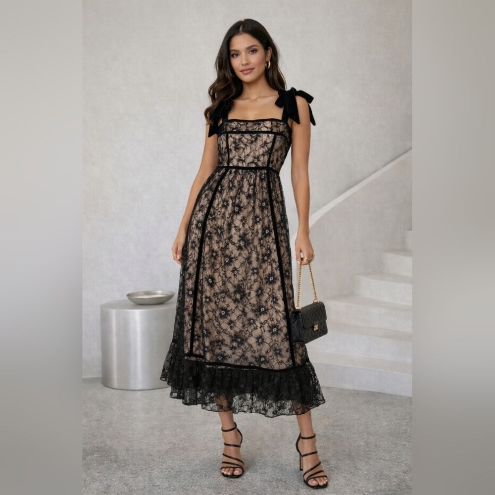 Bohme Black Lace Ribbon Strap Midi Dress, Beige Lining, Ruffle Hem, Size XS, NWT